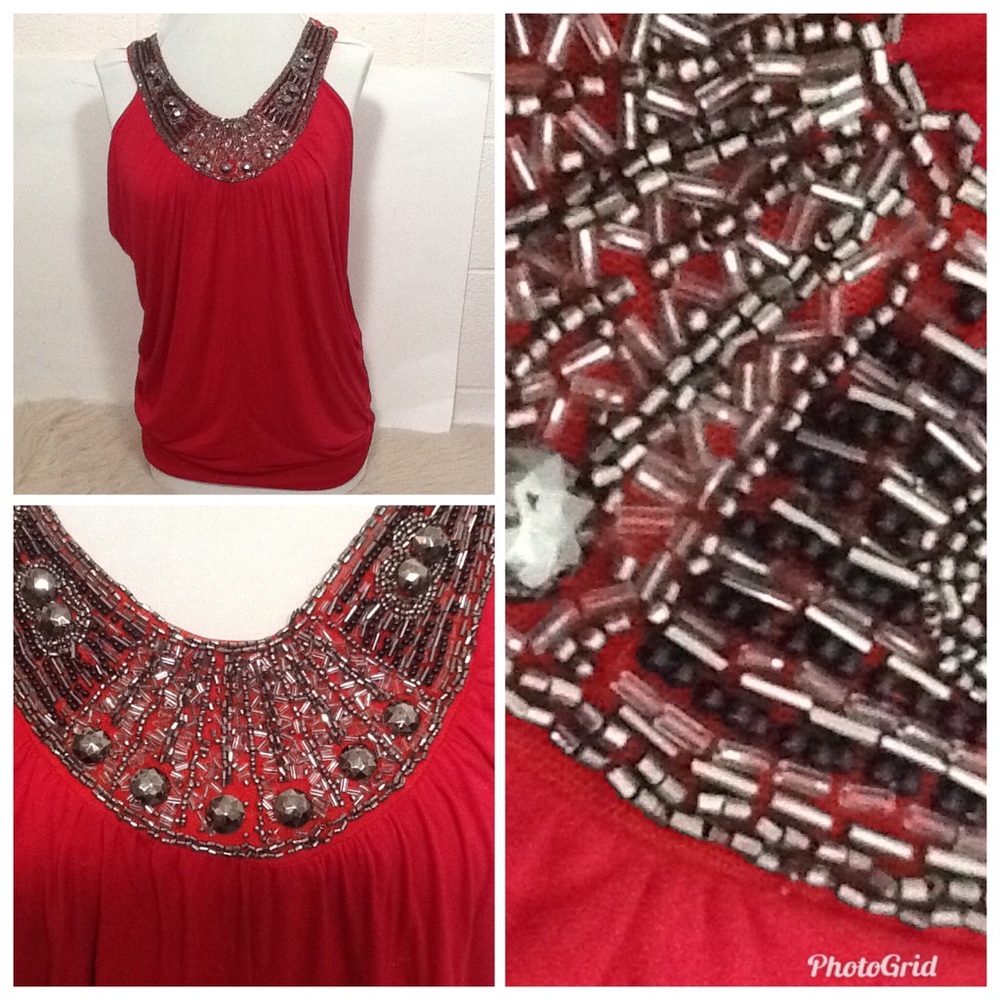 Cache Silver Metallic Beaded Red Top - image 2